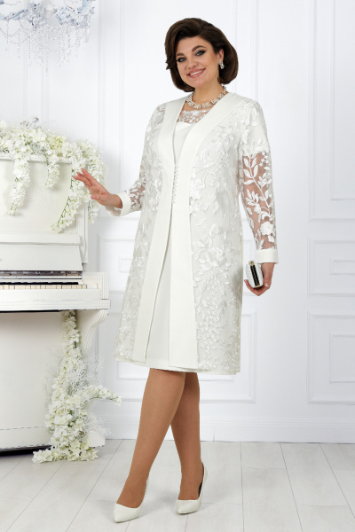Белый кружевной нарядный костюм с платьем и кардиганом Ninele 5988 молочный - фото 3