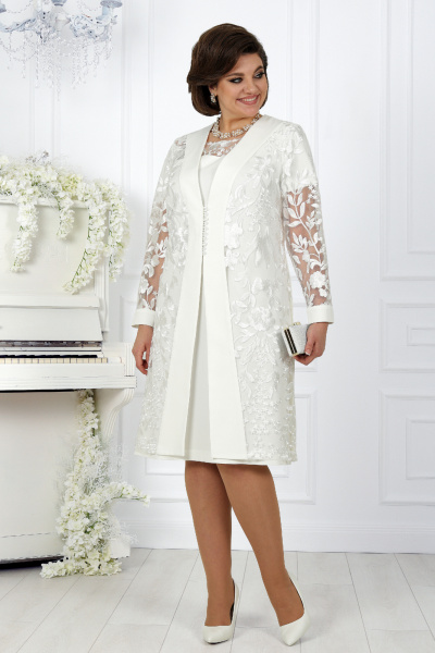Белый кружевной нарядный костюм с платьем и кардиганом Ninele 5988 молочный - фото 6