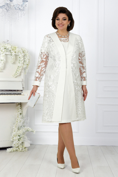 Белый кружевной нарядный костюм с платьем и кардиганом Ninele 5988 молочный - фото 7