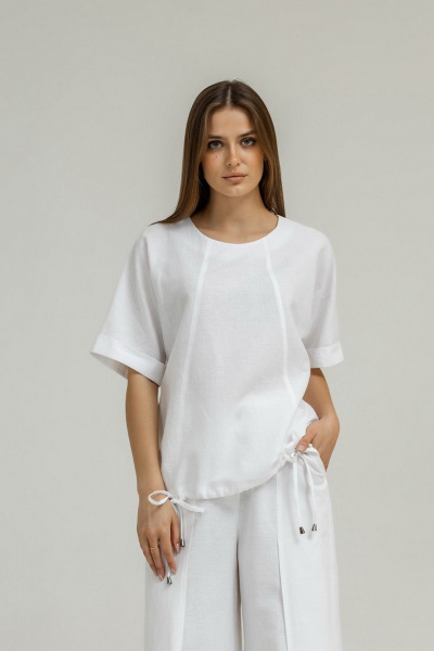 Белая блуза кимоно из льна с декоративными швами Atelero 1100Б белый - фото 6