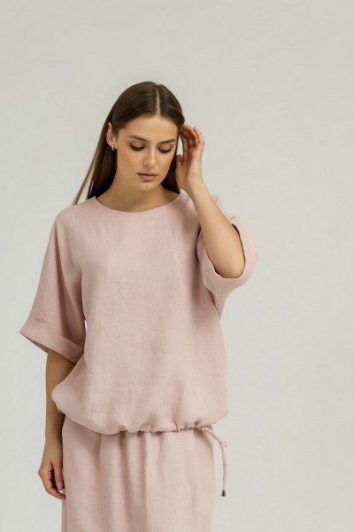 Льняная блуза кимоно с кулиской и декоративными швами Atelero 1100П пудровый - фото 2