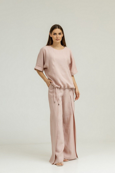 Льняная блуза кимоно с кулиской и декоративными швами Atelero 1100П пудровый - фото 1