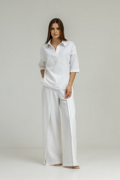 комплект из льна: блуза и палаццо с высокой посадкой Atelero 1101 белый - фото 1