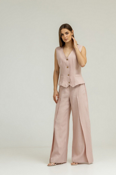 Розовый комплект из льна с брюками-палаццо и жилетом Atelero 1102П пудровый - фото 3