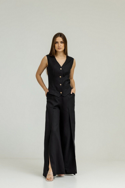 Черный комплект из льна с брюками палаццо и жилетом Atelero 1102Ч черный - фото 6