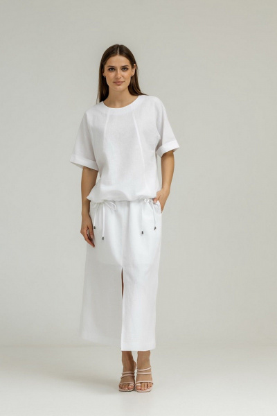 Белая льняная блуза с кулиской и юбка с разрезом Atelero 1105Б белый - фото 2
