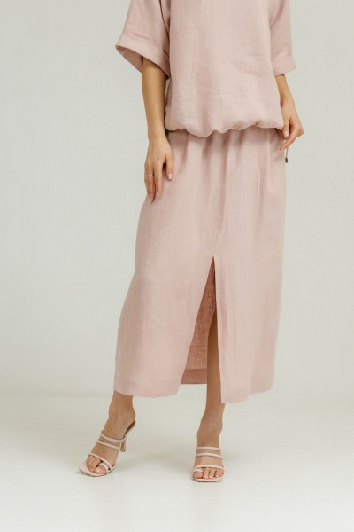 Розовый льняной комплект блуза и юбка с карманами Atelero 1105П пудровый - фото 5