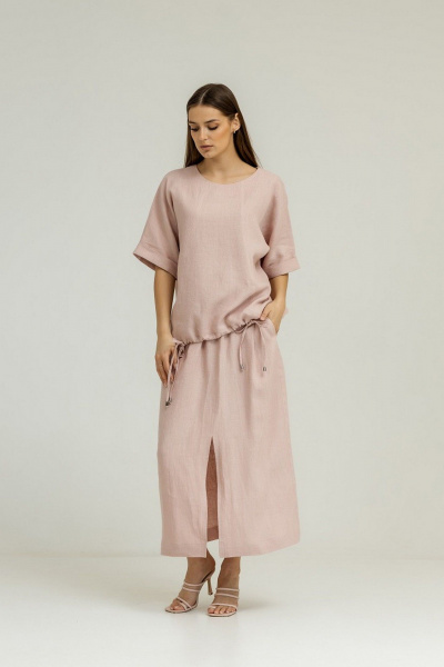 Розовый льняной комплект блуза и юбка с карманами Atelero 1105П пудровый - фото 2