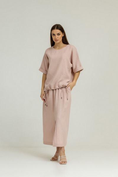 Розовые льняные брюки-карандаш и топ с глубоким вырезом Atelero 1106П пудровый - фото 1