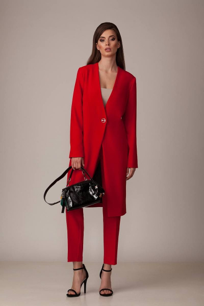 Красный брючный костюм жакет и зауженные брюки на пуговицах Rosheli 932 - фото 1