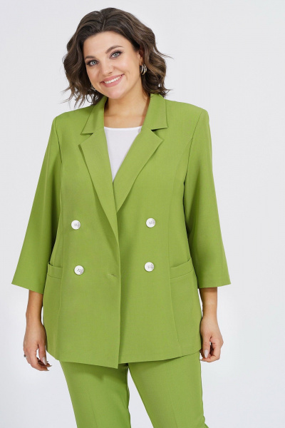 Деловой демисезонный комплект из жакета, блузки и брюк из трикотажа Пинск-Стиль 137 фисташка - фото 8
