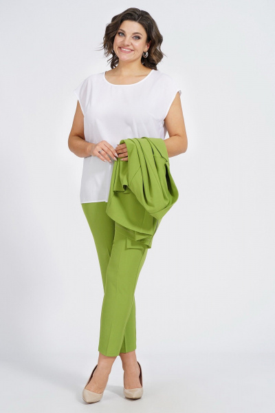 Деловой демисезонный комплект из жакета, блузки и брюк из трикотажа Пинск-Стиль 137 фисташка - фото 6