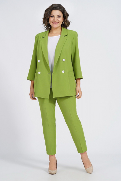 Деловой демисезонный комплект из жакета, блузки и брюк из трикотажа Пинск-Стиль 137 фисташка - фото 5