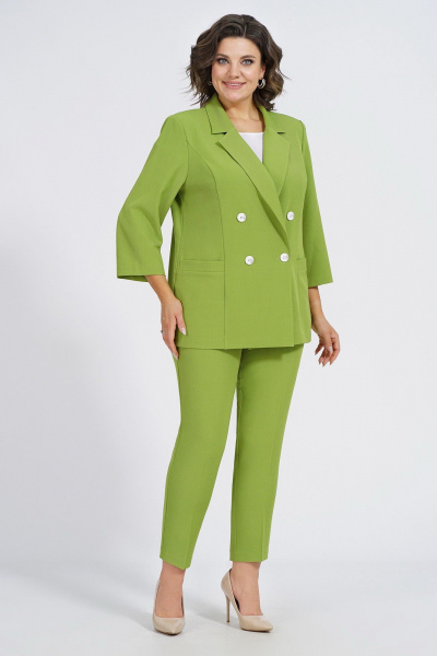 Деловой демисезонный комплект из жакета, блузки и брюк из трикотажа Пинск-Стиль 137 фисташка - фото 3