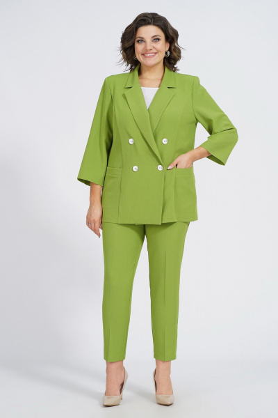 Деловой демисезонный комплект из жакета, блузки и брюк из трикотажа Пинск-Стиль 137 фисташка - фото 2