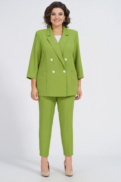 Деловой демисезонный комплект из жакета, блузки и брюк из трикотажа Пинск-Стиль 137 фисташка - фото 1