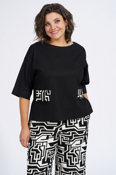 Модный демисезонный комплект из жилета, блузки и брюк Пинск-Стиль 135 черный_белая_геометрия - фото 14