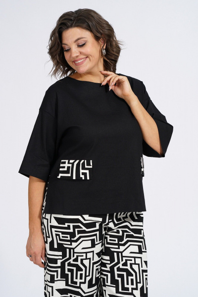 Модный демисезонный комплект из жилета, блузки и брюк Пинск-Стиль 135 черный_белая_геометрия - фото 13