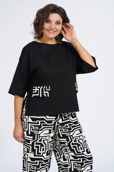 Модный демисезонный комплект из жилета, блузки и брюк Пинск-Стиль 135 черный_белая_геометрия - фото 12