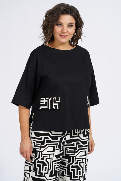 Модный демисезонный комплект из жилета, блузки и брюк Пинск-Стиль 135 черный_белая_геометрия - фото 11