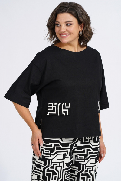 Модный демисезонный комплект из жилета, блузки и брюк Пинск-Стиль 135 черный_белая_геометрия - фото 10