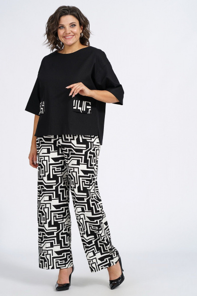 Модный демисезонный комплект из жилета, блузки и брюк Пинск-Стиль 135 черный_белая_геометрия - фото 6