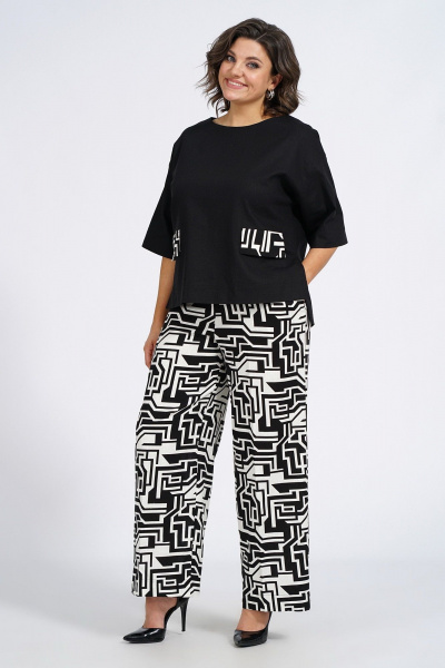 Модный демисезонный комплект из жилета, блузки и брюк Пинск-Стиль 135 черный_белая_геометрия - фото 3