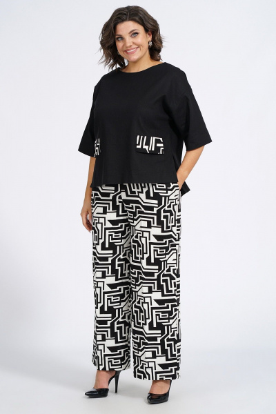 Модный демисезонный комплект из жилета, блузки и брюк Пинск-Стиль 135 черный_белая_геометрия - фото 2