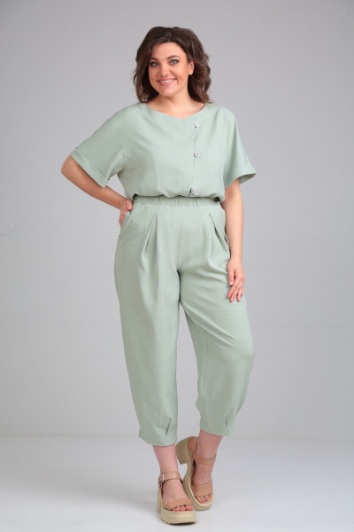Женский костюм из льна-вишера брюки и жакет на каждый день Michel chic 1337/1 светло-зеленый - фото 2