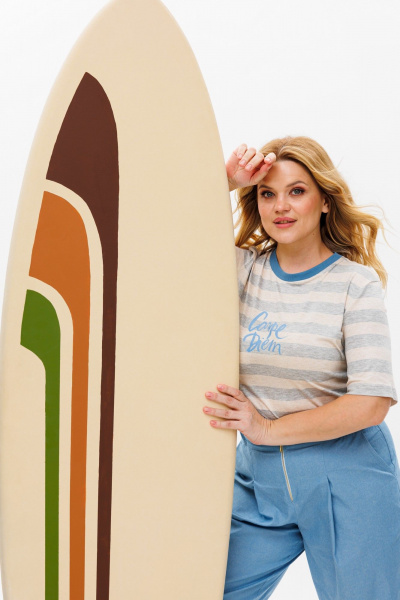 Летний брючный костюм из хлопка с принтом и коротким рукавом Michel chic 1370 голубой,серый - фото 8