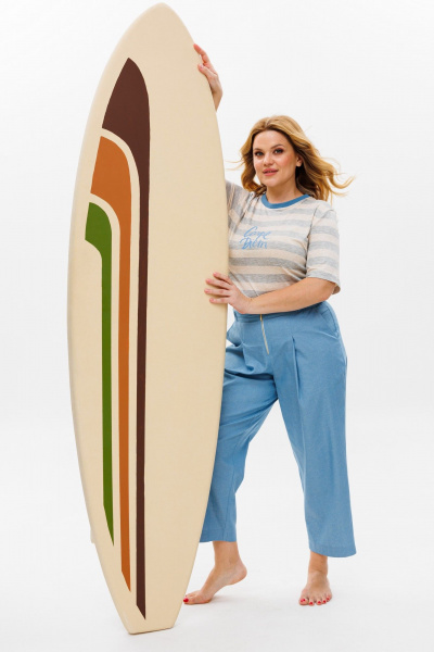 Летний брючный костюм из хлопка с принтом и коротким рукавом Michel chic 1370 голубой,серый - фото 7