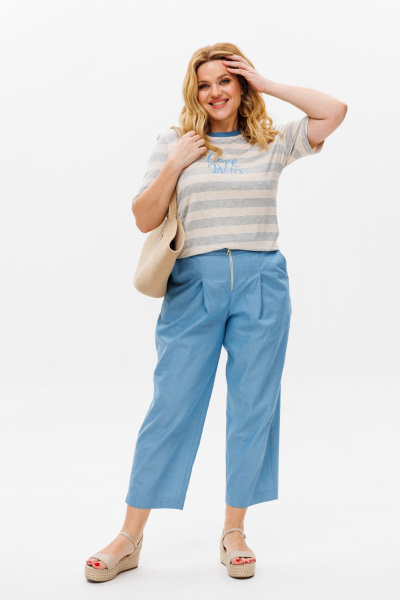 Летний брючный костюм из хлопка с принтом и коротким рукавом Michel chic 1370 голубой,серый - фото 2