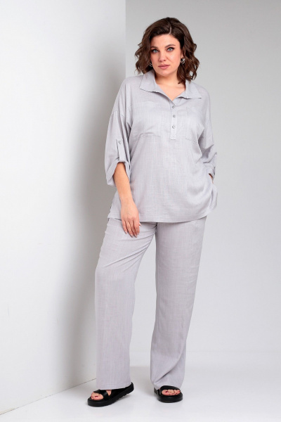 Комплект блузон и брюки из льна для ежедневного стиля, серый Liona Style 871 жемчужный - фото 3