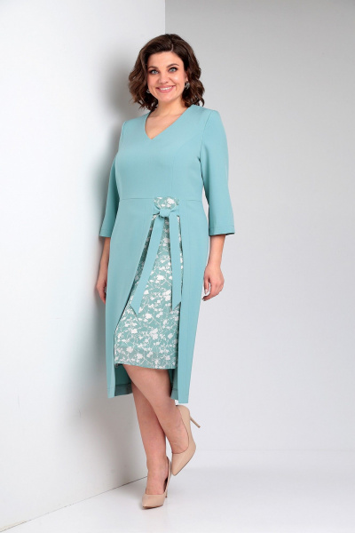 Платье полуприлегающее с V-образным вырезом из текстиля, бирюзовое Liona Style 896 лазурный - фото 1