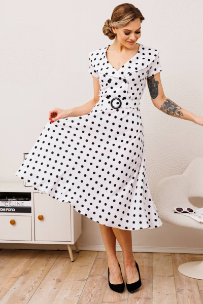 Платье приталенное с поясом и застежкой-молнией Мода Юрс 2690 белый_горох - фото 3