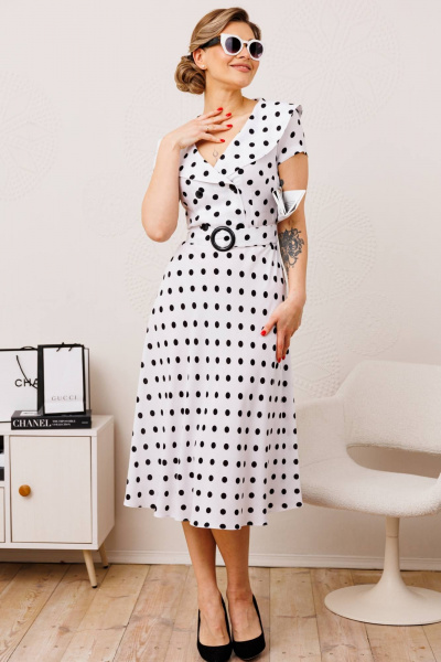 Платье приталенное с поясом и застежкой-молнией Мода Юрс 2690 белый_горох - фото 2