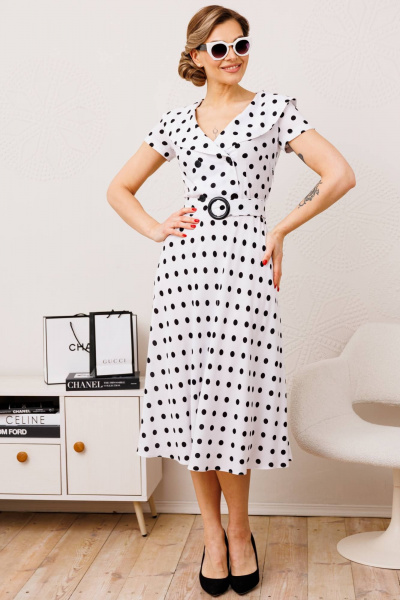 Платье приталенное с поясом и застежкой-молнией Мода Юрс 2690 белый_горох - фото 1