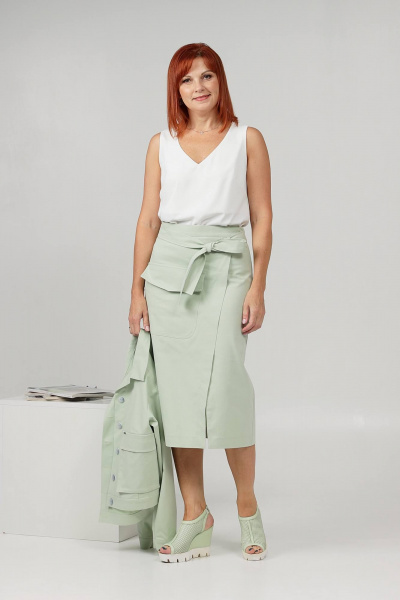 Джинсовый костюм жакет и юбка с карманами и клапанами Соджи 608 мятный - фото 5