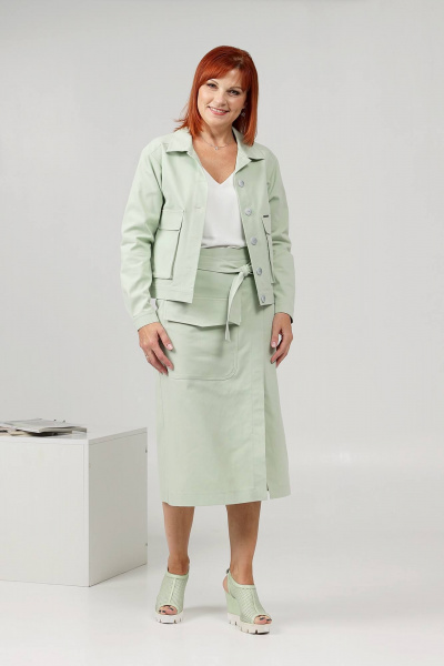 Джинсовый костюм жакет и юбка с карманами и клапанами Соджи 608 мятный - фото 1
