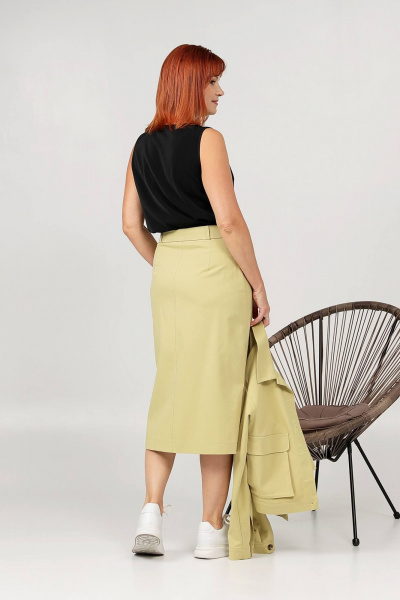 Джинсовый комплект жакет и юбка с клапанами и разрезами Соджи 608 горчичный - фото 5