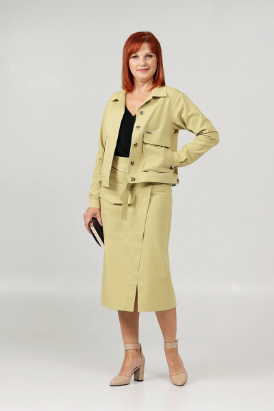 Джинсовый комплект жакет и юбка с клапанами и разрезами Соджи 608 горчичный - фото 2