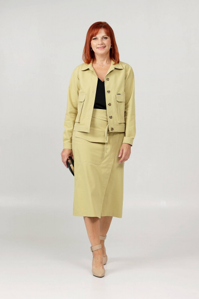 Джинсовый комплект жакет и юбка с клапанами и разрезами Соджи 608 горчичный - фото 1