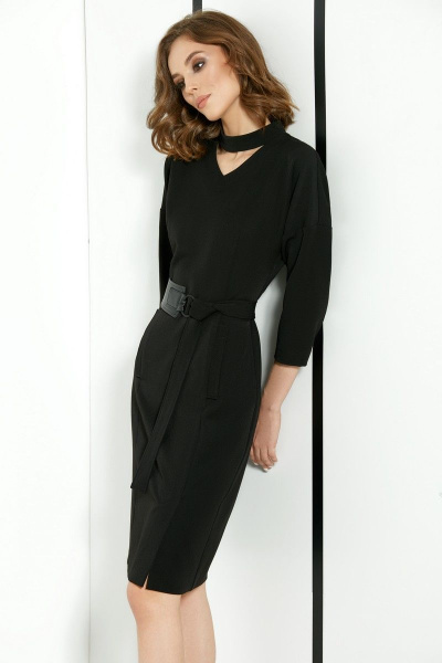 Демисезонное платье с поясом из костюмной ткани DILIA 0390 черный - фото 3