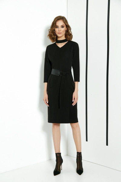 Демисезонное платье с поясом из костюмной ткани DILIA 0390 черный - фото 1