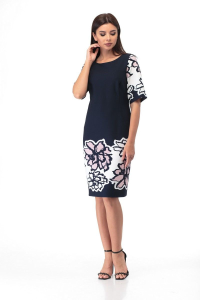 Элегантное платье из трикотажа с рельефами и принтом Anelli 572 синий - фото 1