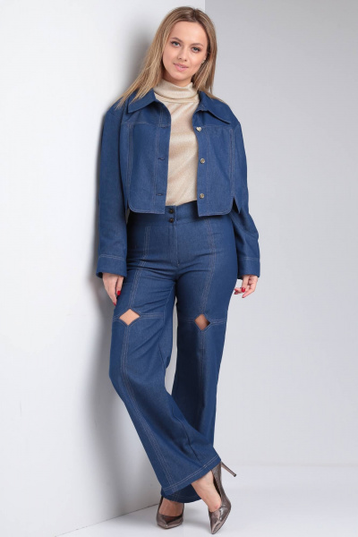 Демисезонные джинсовые брюки с фигурными вырезами Viola Style 7073 синий - фото 1