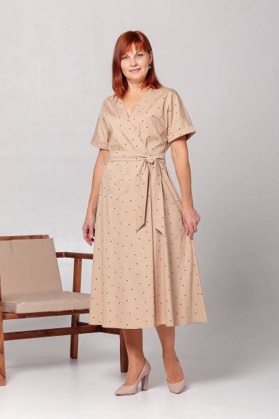 Летнее свободное платье с трапецией и запахом Соджи 588 песочный - фото 2