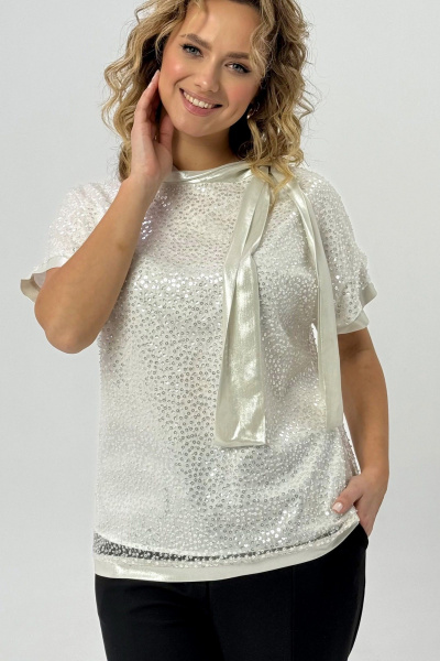 Нарядная блузка из пайеток и сетки с бантовым воротником Condra 16238 - фото 4