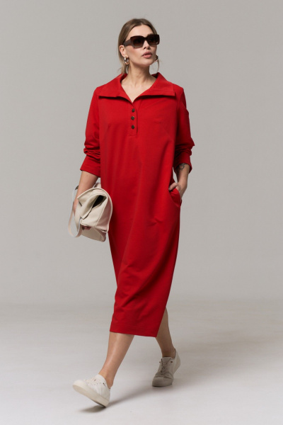 Платье миди в прямом стиле из трикотажа и хлопка GRATTO 8339 алый - фото 3