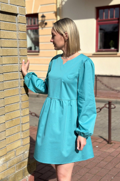 Мини платье с асимметричным низом и поясом из хлопка и текстиля S.O.L O Me М-1536 бирюзовый - фото 2